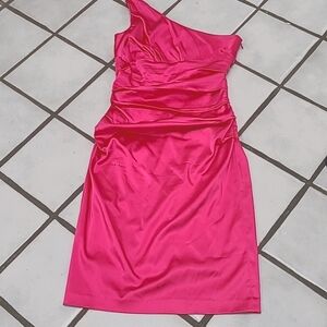 Suzy Chin One Shoulder Hot Pink Ruched  Satin Feel Cocktail Dress